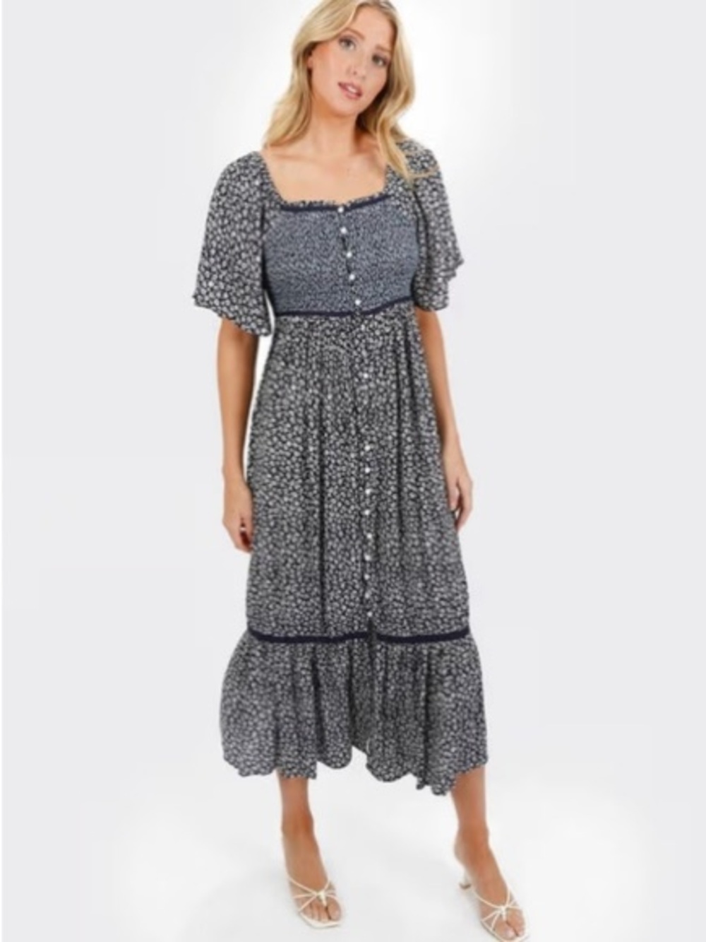 NWT In Loom Navy Floral Smocked Maxi Dress Cottagecore Puff Sleeve Prairie Dress